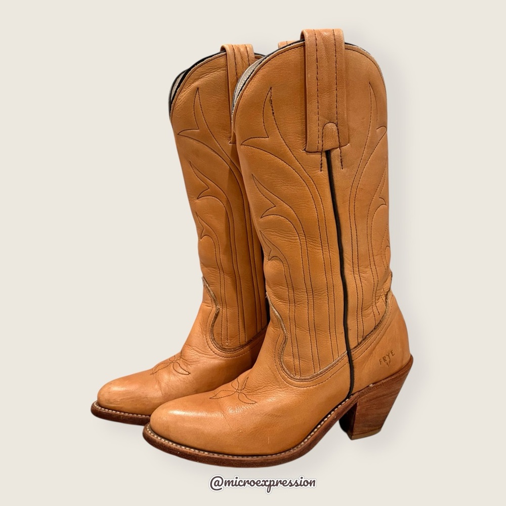 1980 VINTAGE Frye Leather PullOn Tan Cottagecore Embroidered Cowboy Western Boot - Picture 9 of 15